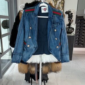 Genuine Vintage Denim Blazer with Green-Red Stripe